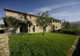 Villa Veduta in Val d'Orcia, an Italian villa with grass and a tree in front