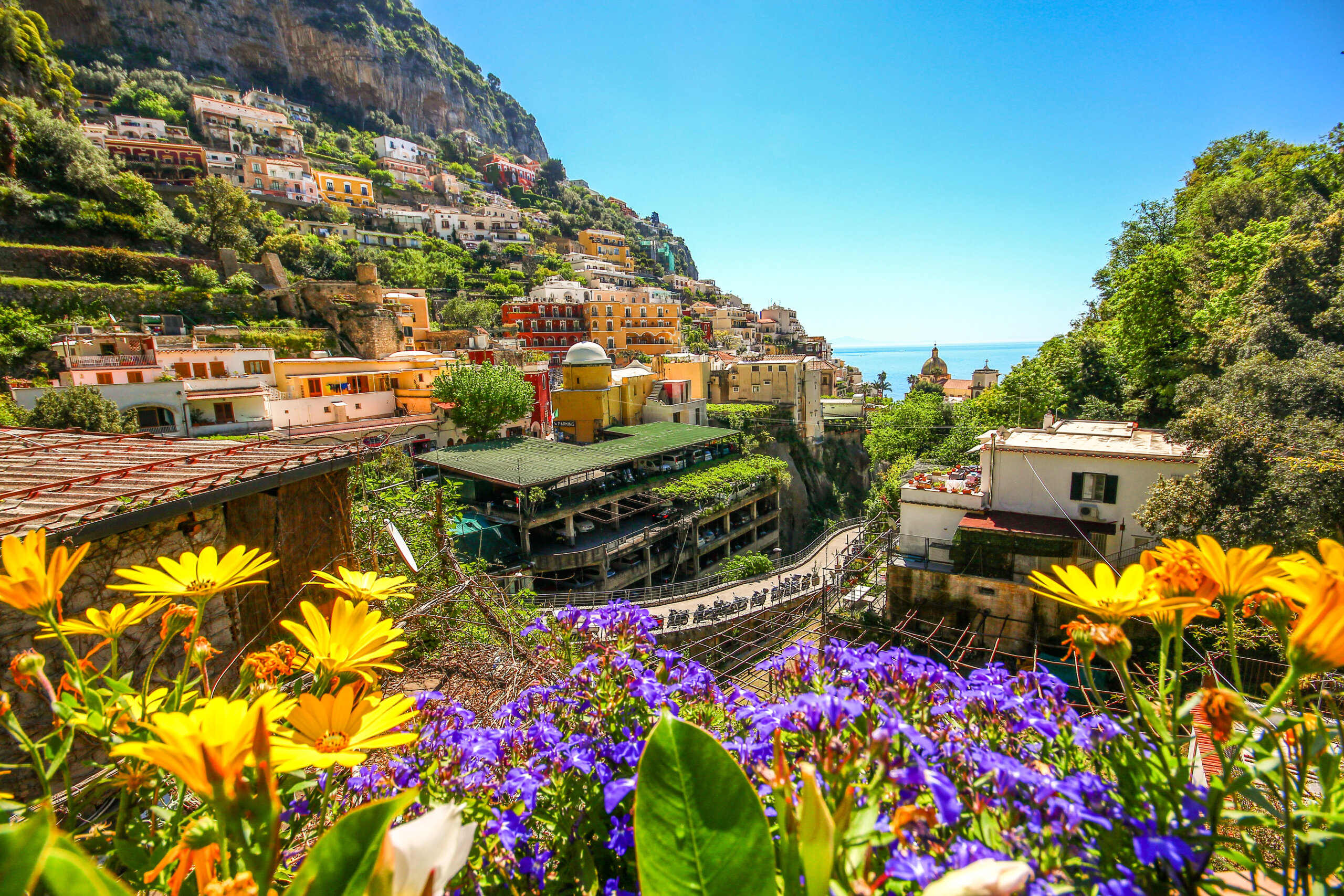 Flowers in the foregrand with villas on a hillside in the Amalfi Coast looking out on the ocean.